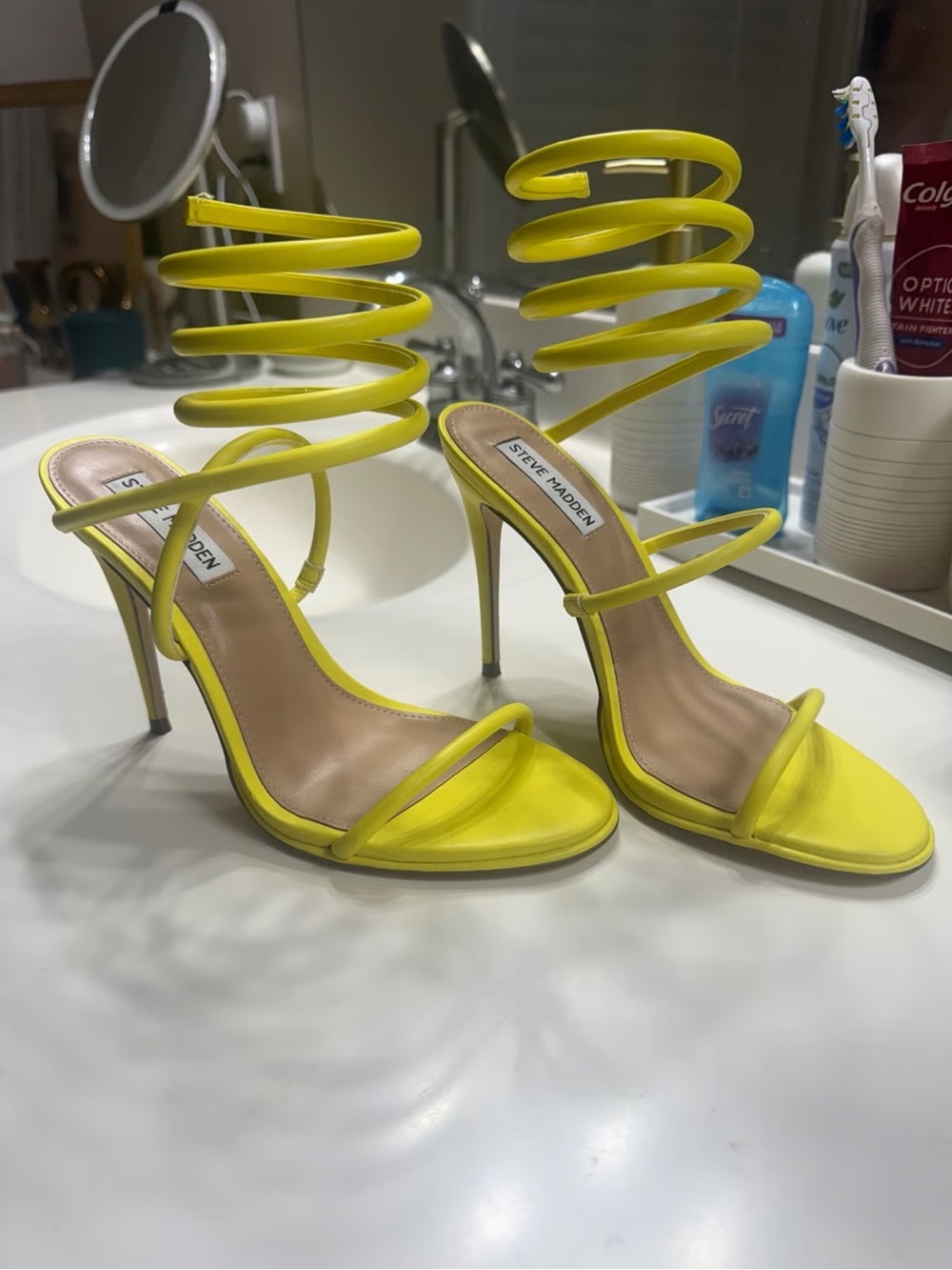 Steve Madden Neon Yellow Spiral Lace-Up Stiletto Sandals